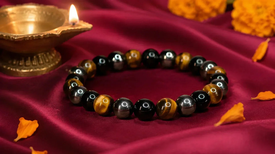 Triple Protection Bracelet with Black Obsidian, Tiger’s Eye, and Hematite beads, energized in Ujjain