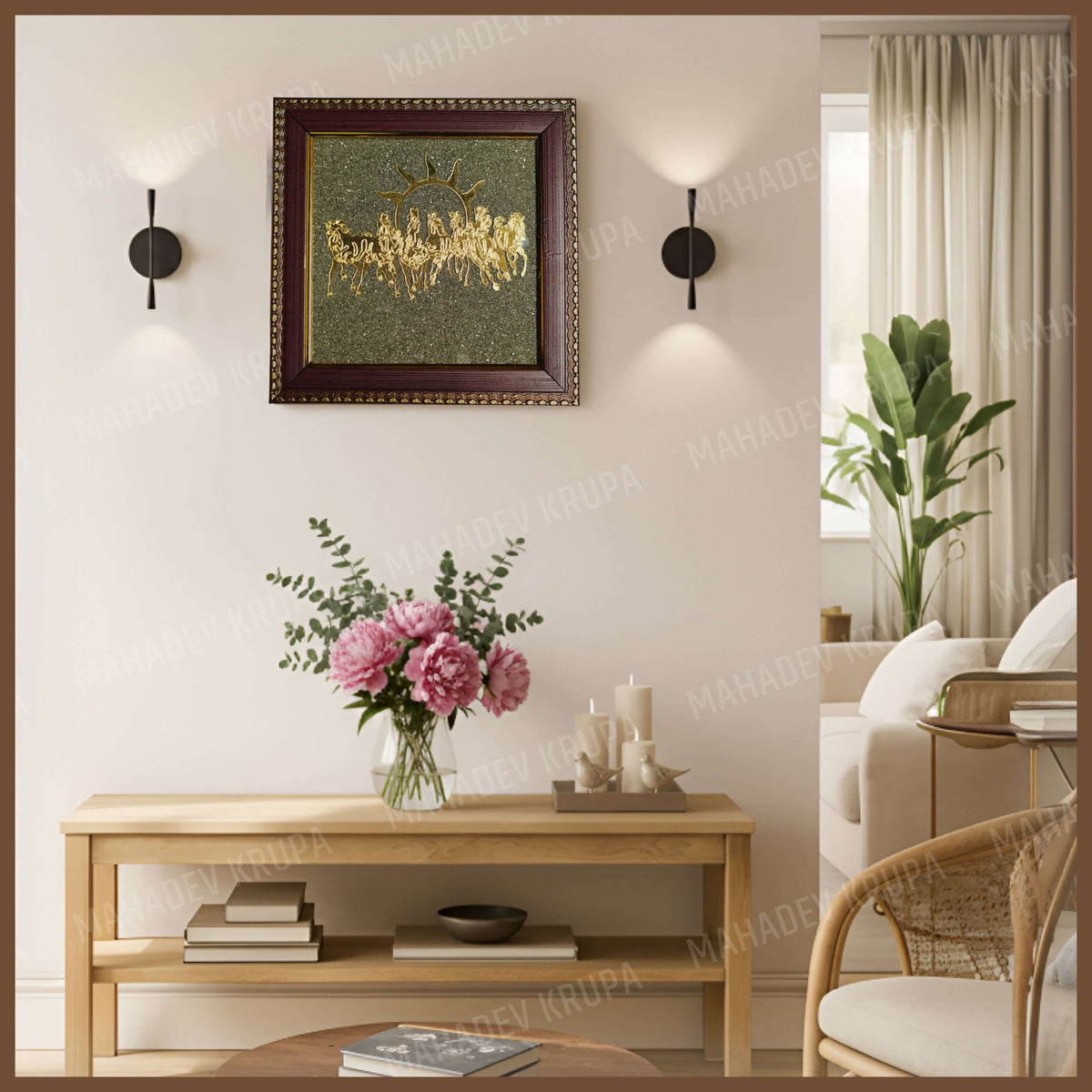 7 Horses Raw Pyrite Frame – Natural Stone Decorative Frame - Spiritual & Energy Décor - Mahadev Krupa Ujjain