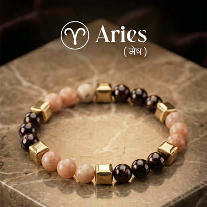 Red Garnet &  Sunstone Zodiac Band – Aries (मेष राशि)