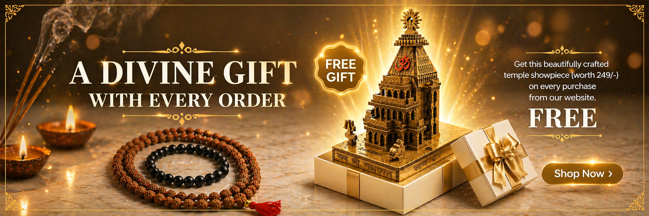 Promotional banner for a temple model and beads with free gift offer on a wooden surface.