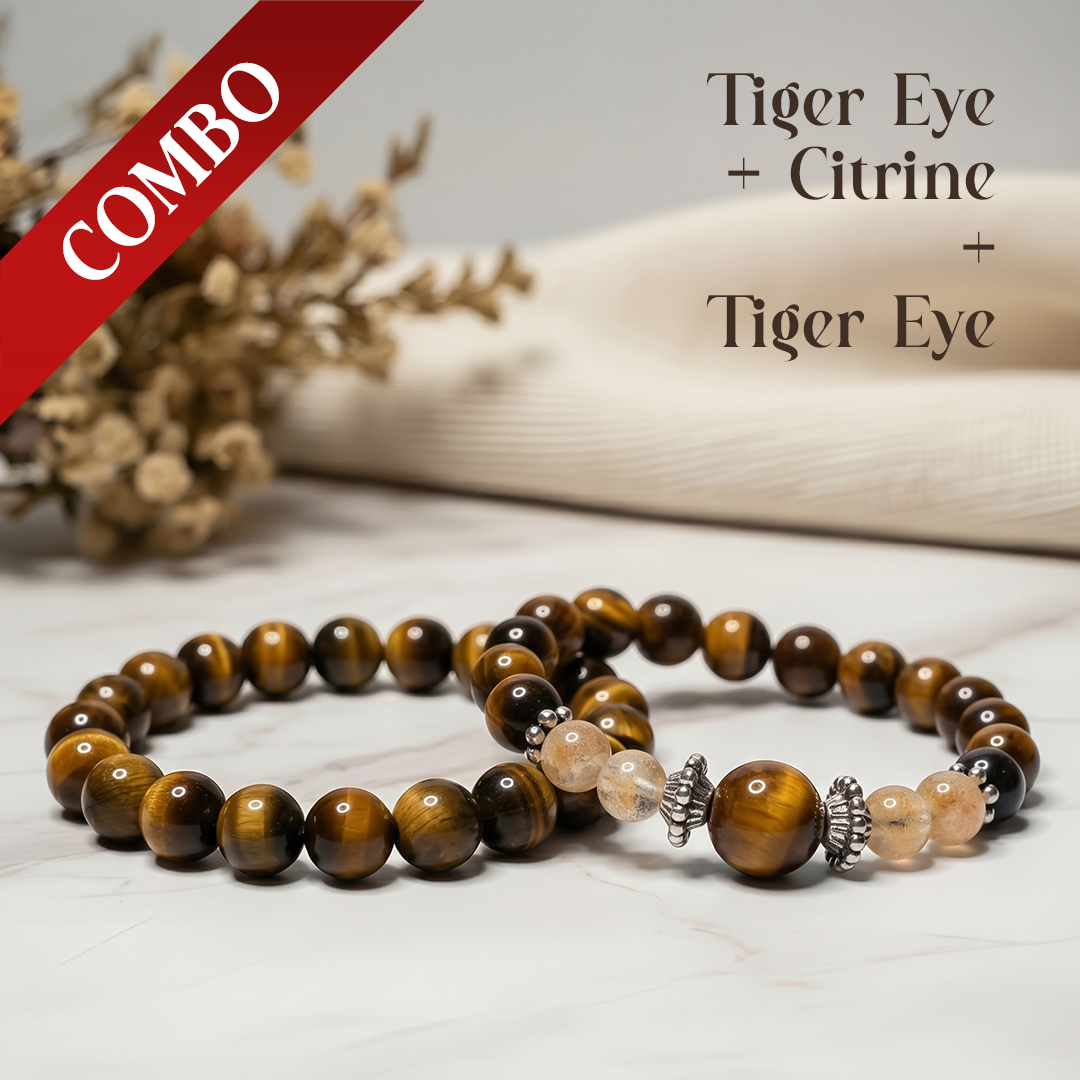 Tiger Eye + Citrine Bracelet with Tiger Eye Bracelet Set | Mahadevkrupa Prosperity & Courage Combo