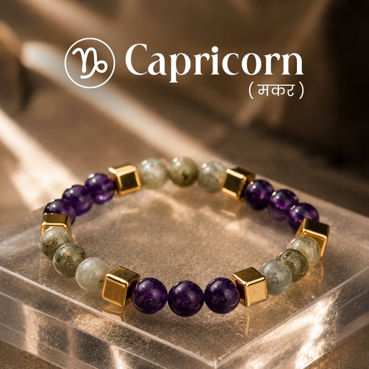 Amethyst & Labradorite Zodiac Band – Capricorn (मकर राशि) - Crystal Healing Bracelet - Mahadev Krupa Ujjain