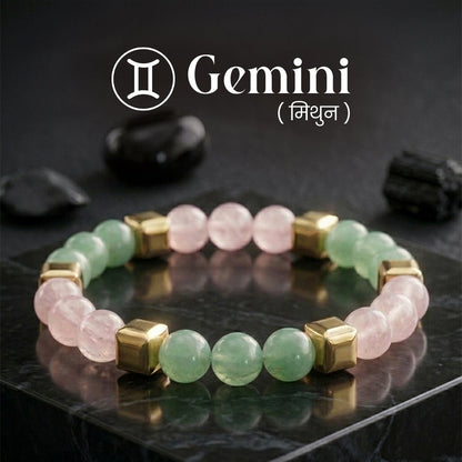 Aventurine & Rose Quartz Zodiac Band – Gemini (मिथुन राशि) - Crystal Healing Bracelet - Mahadev Krupa Ujjain