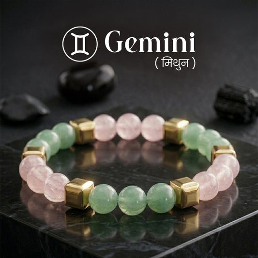 Aventurine & Rose Quartz Zodiac Band – Gemini (मिथुन राशि) - Crystal Healing Bracelet - Mahadev Krupa Ujjain