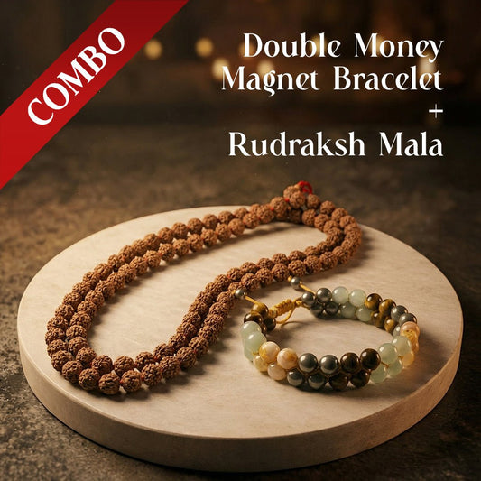 Double Money Magnet Bracelet & Rudraksh Mala Combo – Symbol of Prosperity & Spiritual Balance - Crystal Healing Bracelet & Spiritual Mala - Mahadev Krupa Ujjain