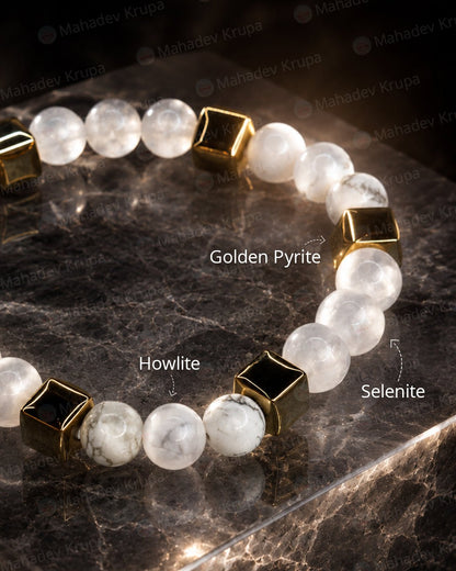 Howlite & Selenite Zodiac Band – Cancer (कर्क राशि) - Crystal Healing Bracelet - Mahadev Krupa Ujjain