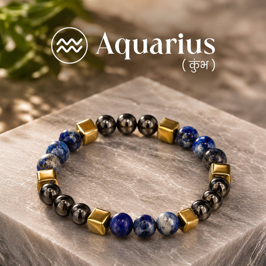 Lapis Lazuli & Hematite Zodiac Band – Aquarius (कुंभ राशि) - Crystal Healing Bracelet - Mahadev Krupa Ujjain