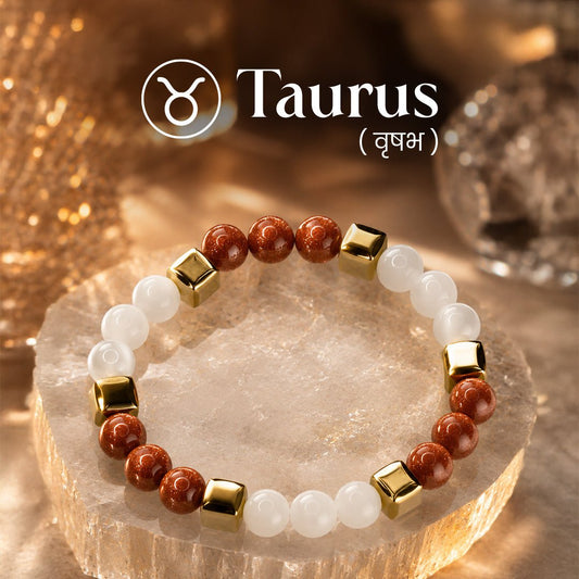 Moonstone & Goldstone Zodiac Band – Taurus (वृषभ राशि) - Crystal Healing Bracelet - Mahadev Krupa Ujjain