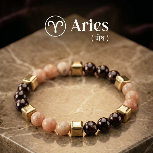Red Garnet & Sunstone Zodiac Band – Aries (मेष राशि) - Crystal Healing Bracelet - Mahadev Krupa Ujjain