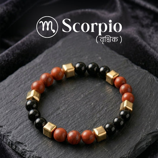 Red Jasper & Obsidian Zodiac Band – Scorpio (वृश्चिक राशि) - Crystal Healing Bracelet - Mahadev Krupa Ujjain