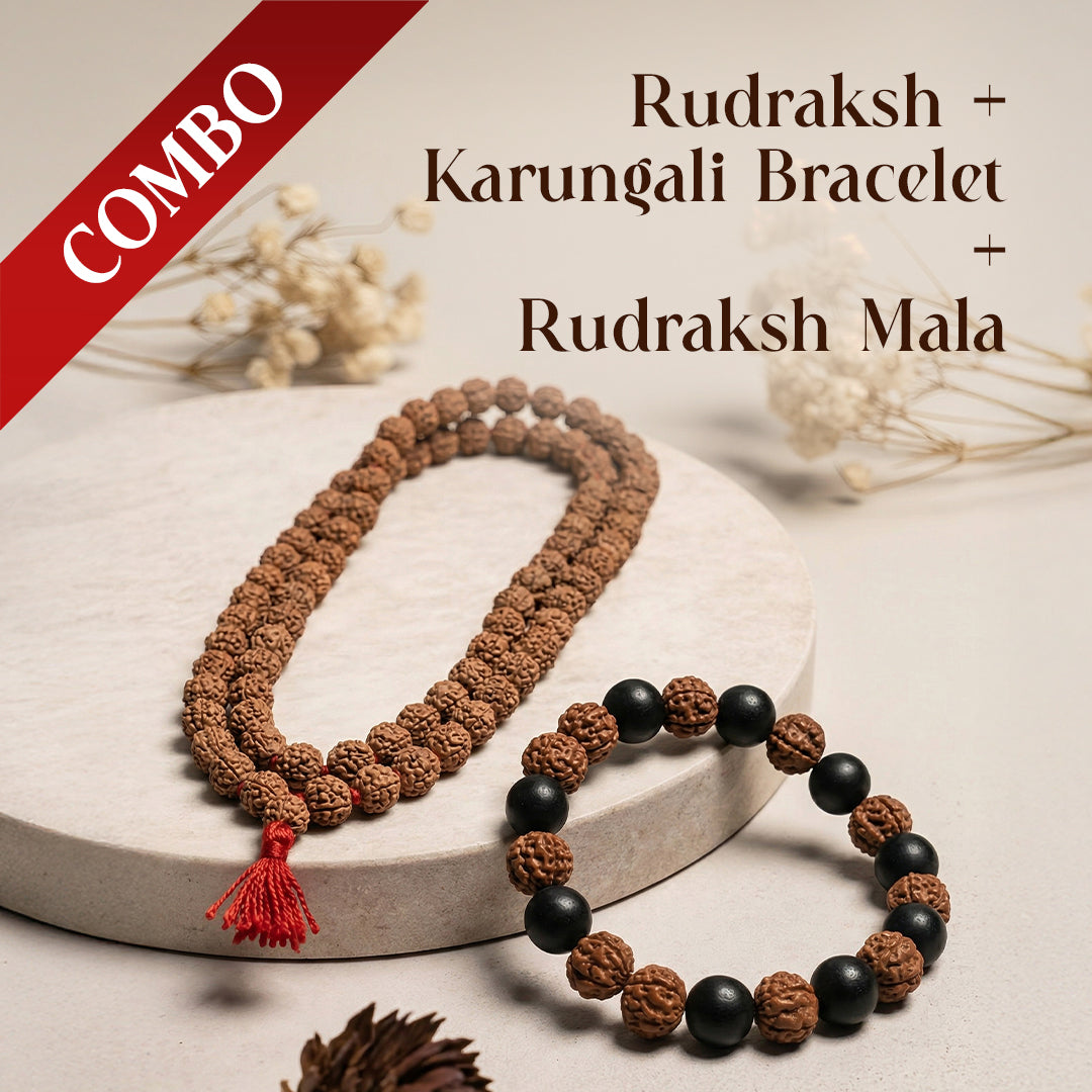 Mahadevkrupa Rudraksha Mala & Rudraksha + Karungali Bracelet Combo | Spiritual Healing & Protection Set