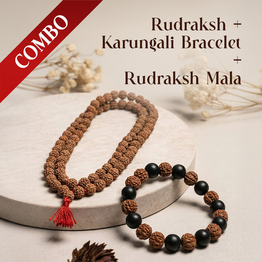 Mahadevkrupa Rudraksha Mala & Rudraksha + Karungali Bracelet Combo | Spiritual Healing & Protection Set