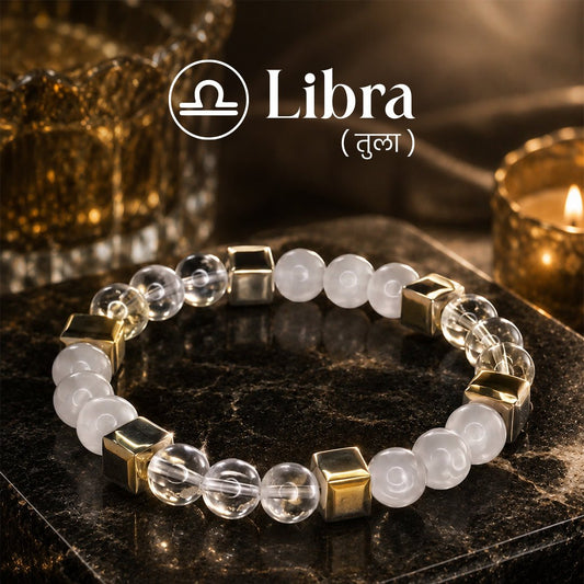 Sphatik & Selenite Zodiac Band – Libra (तुला राशि) - Crystal Healing Bracelet - Mahadev Krupa Ujjain