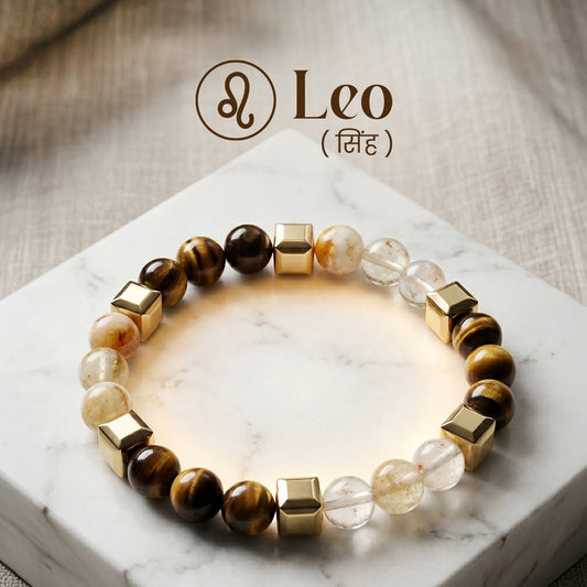 Tiger Eye & Citrine Zodiac Band – Leo (सिंह राशि) - Crystal Healing Bracelet - Mahadev Krupa Ujjain