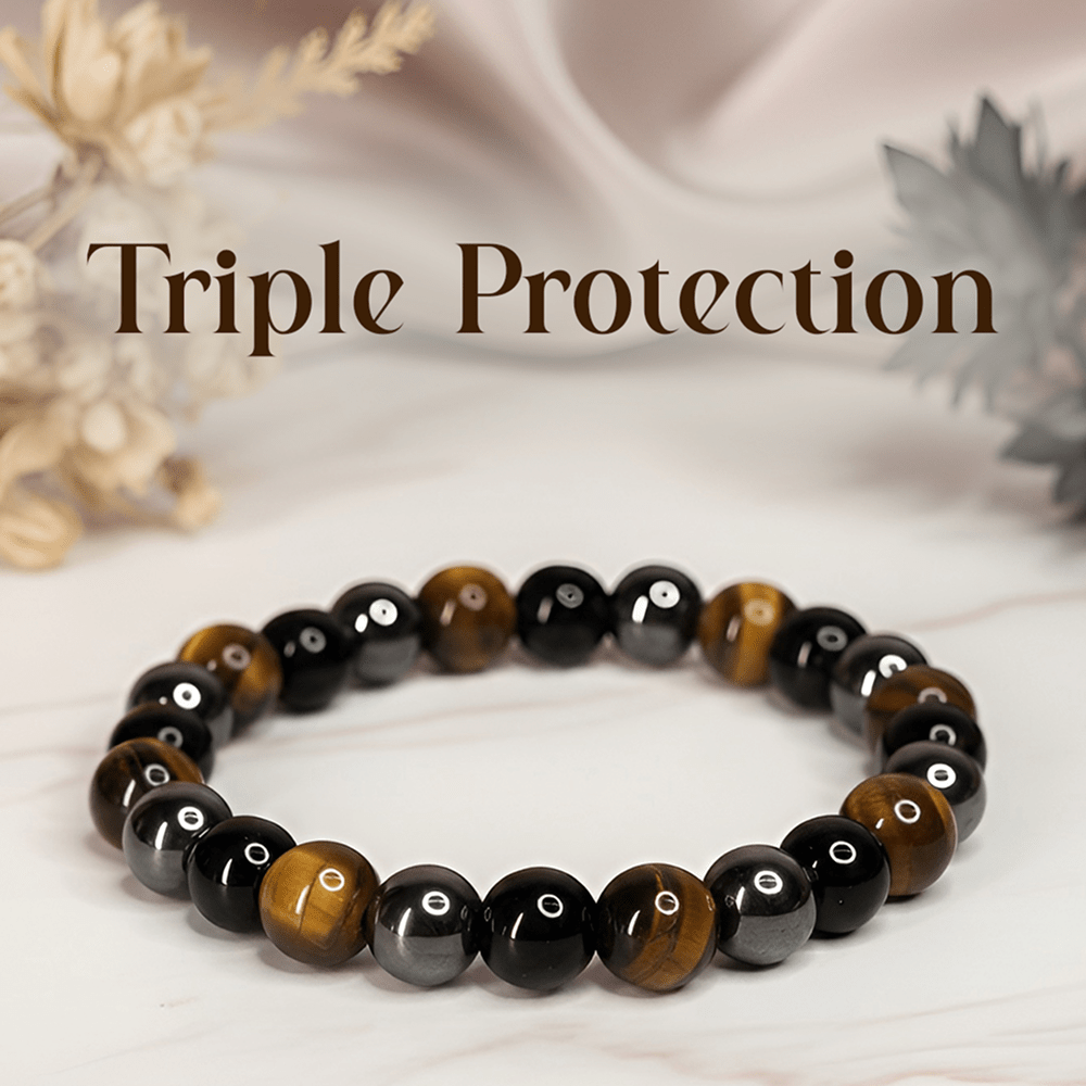 Triple Protection Bracelet – Tiger Eye, Black Obsidian & Hematite - Spiritual Energy Bracelet - Mahadev Krupa Ujjain